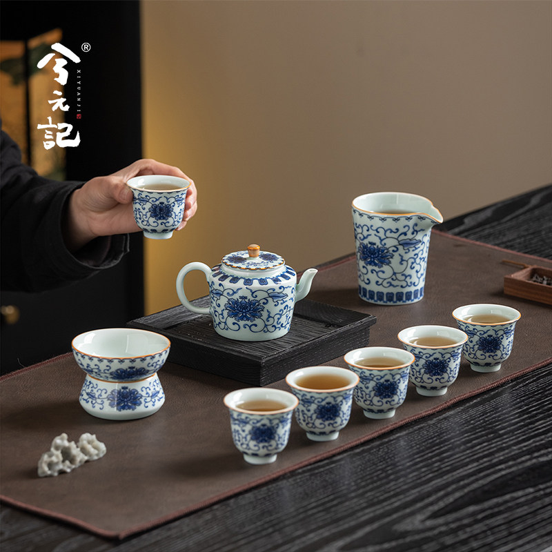兮元记青花功夫茶具2025新款家用高端影青陶瓷盖碗茶杯套装礼盒装
