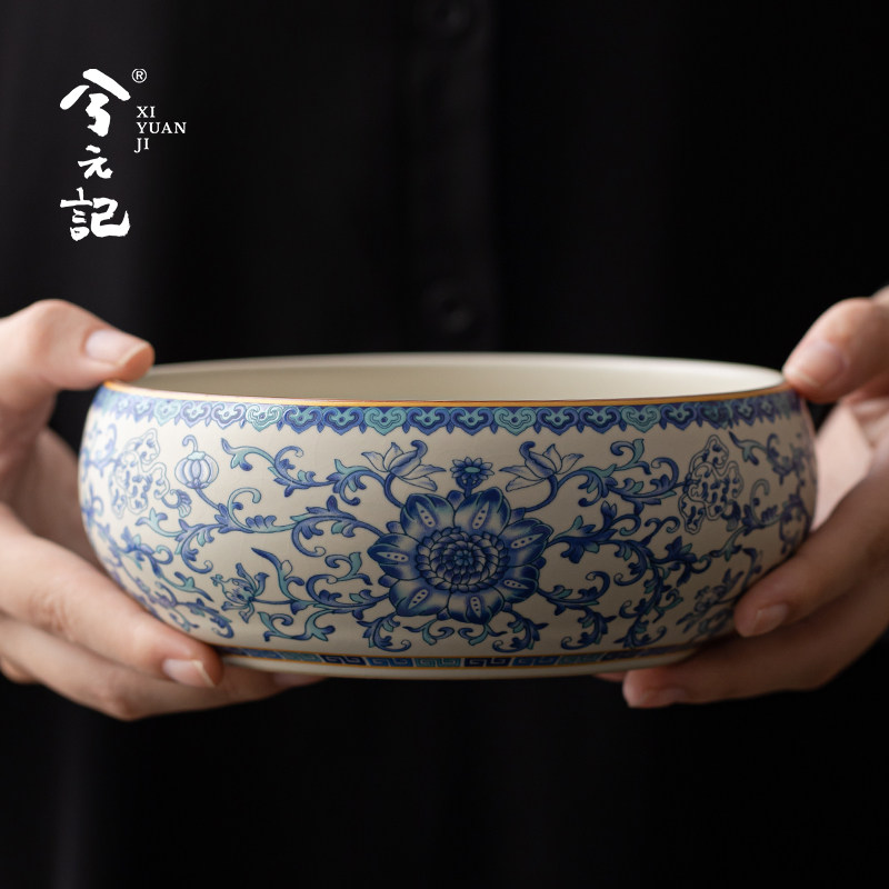 青花汝窑陶瓷大号茶洗杯洗家用茶渣缸水盂茶道零配建水功夫茶具