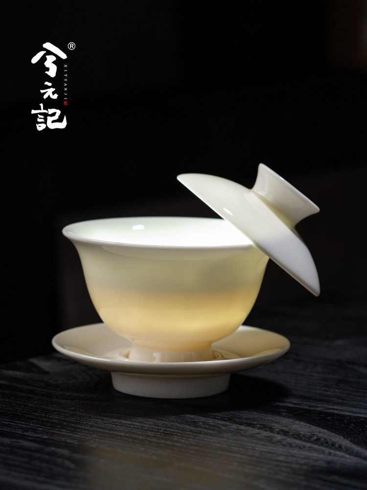 悬停三彩有盖碗茶杯羊脂玉陶瓷单套高档有盖茶碗非热茶功夫茶具