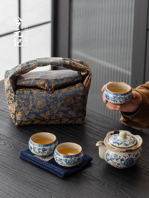 青花汝窑旅行茶具一壶三杯功夫茶壶茶杯快杯