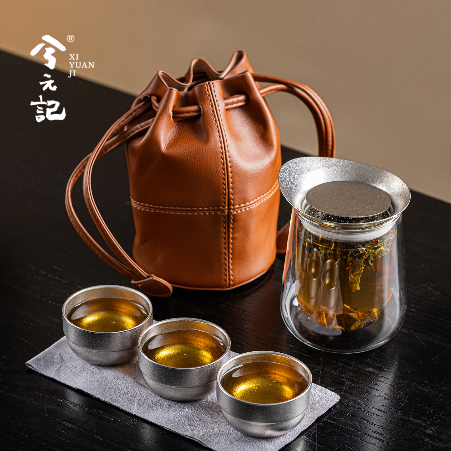 旅行茶具套组一人饮快客杯可携式纯钛双层玻璃户外露营泡茶手抓壶