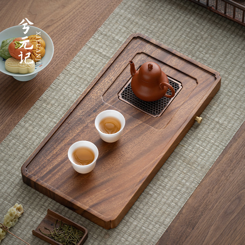 兮元记胡桃木长方茶盘家用小型干泡台实木茶托盘排储两用功夫茶台