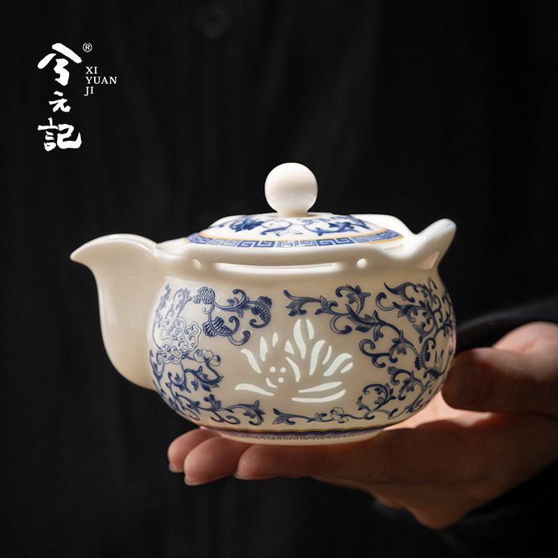 青花玉瓷玲珑手抓壶盖碗茶杯单个高档陶瓷泡茶碗带盖子防烫功夫茶