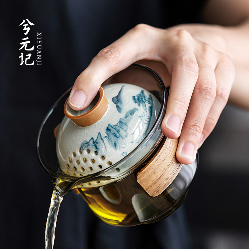 哥窑手绘玻璃盖碗手抓壶茶壶陶瓷泡茶器高档茶杯单个泡茶功夫茶具