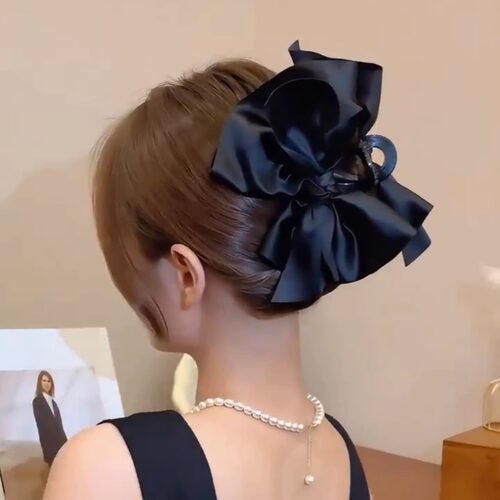 大蝴蝶结很显头~缎面黑色发抓鲨鱼夹女发夹后脑勺量多发卡抓夹ins