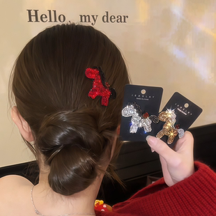 新年红色水钻小马发夹女新过年跨年儿童头饰碎发刘海侧边夹子发饰