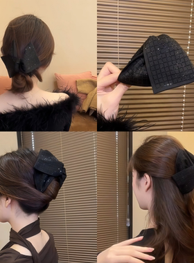 小香风黑色方格闪闪抓夹女后脑勺鲨鱼夹千鸟格气质水钻蝴蝶结头饰