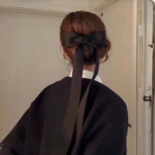 黑色蝴蝶结飘带发夹女款 后脑勺编发夹少女顶夹发卡弹簧夹子头饰