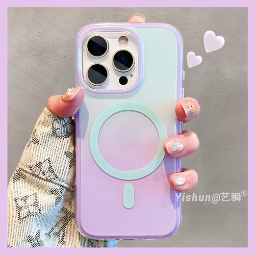 简约高级感蓝紫渐变晕染适用iPhone17ProMax手机壳苹果16pro磁吸15新款13果冻亮面ip14pm女款防摔17Air保护套