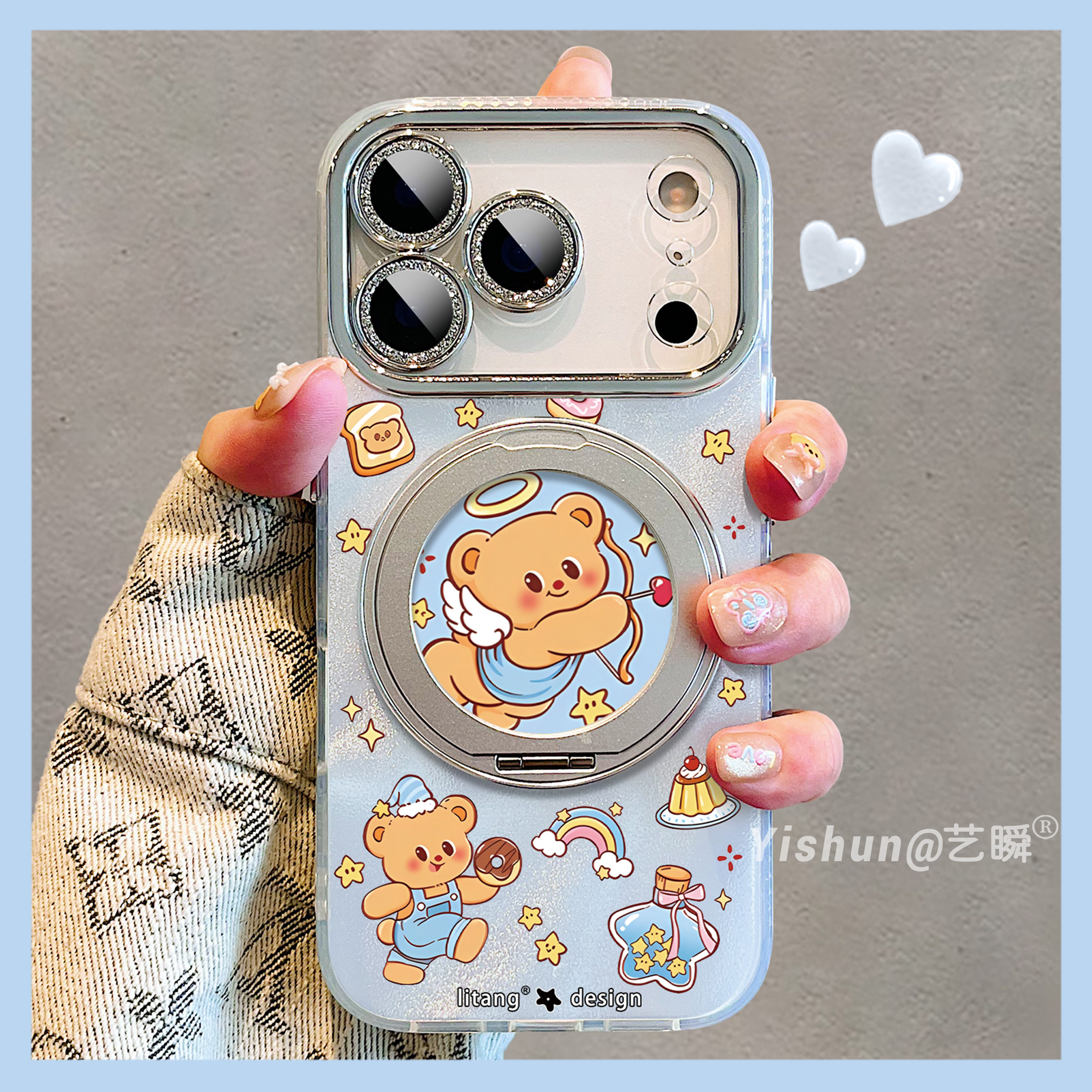 开启睡眠模式·天使黄油小熊适用苹果17/17promax手机壳360旋转支架16pro磁吸支点壳iPhone14新款15pro保护套