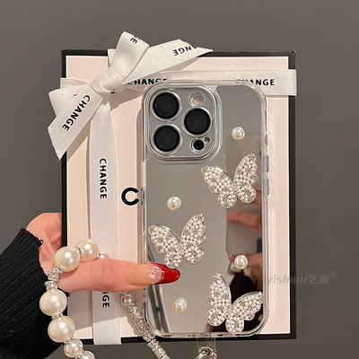 适用苹果17ProMax手机壳新款iPhone16pro补妆镜面闪钻珍珠蝴蝶15plus轻奢高级感14高档13气质女款12pro保护套