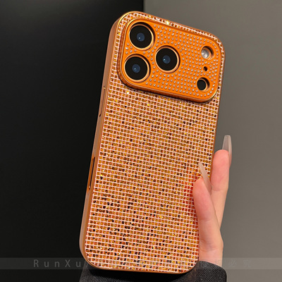 轻奢时尚高级爱马仕橙色闪粉镶钻适用iPhone17ProMax手机壳苹果16电镀防滑纹边框ip15防摔14情侣男女款保护套