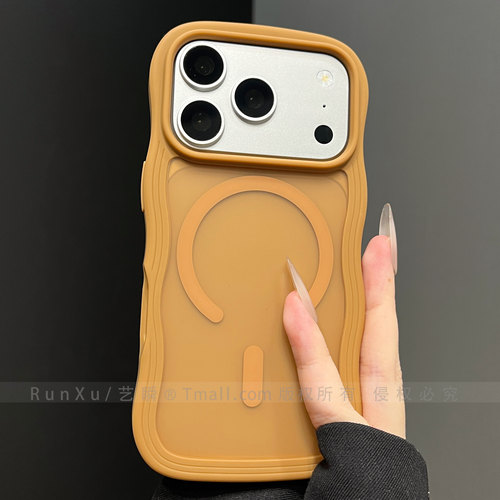 ins复古风咖啡棕纯色波浪边框适用苹果17ProMax新款手机壳iphone16pro磁吸14肤感透色15带挂绳13软硅胶保护套