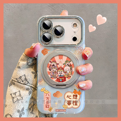 橙色系财神爷八方来财心想事橙适用苹果17promax手机壳Air旋转支架16pro磁吸支点壳iPhone14新款新年15保护套