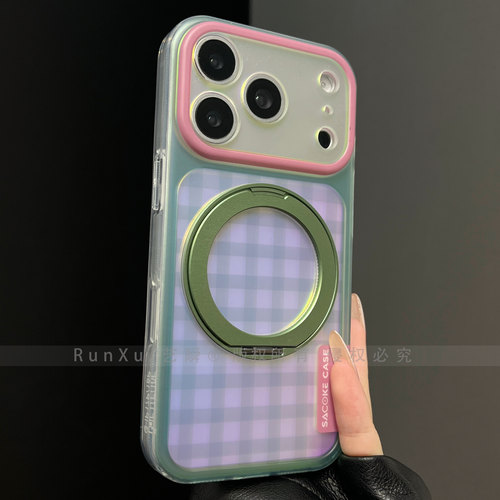 ins风韩系温柔薄荷绿耐看适用苹果18ProMax棋盘格手机壳iPhone17p精孔大视窗16p防摔360旋转支架15全包保护套