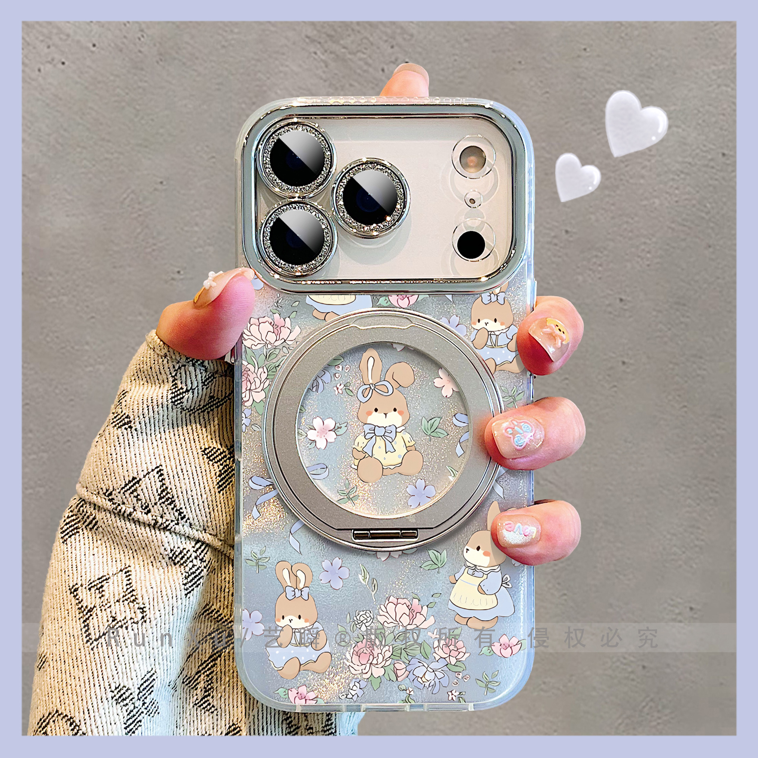 花团锦簇·花园里忙碌的小兔适用苹果17promax手机壳Air旋转支架16pro磁吸支点壳iPhone14新款治愈15女保护套