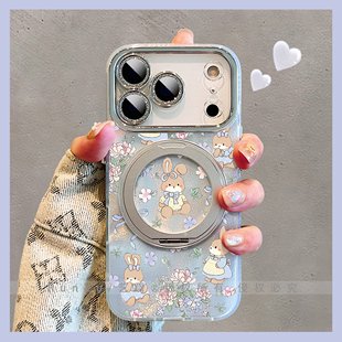 花团锦簇·花园里忙碌的小兔适用苹果17promax手机壳Air旋转支架16pro磁吸支点壳iPhone14新款治愈15女保护套