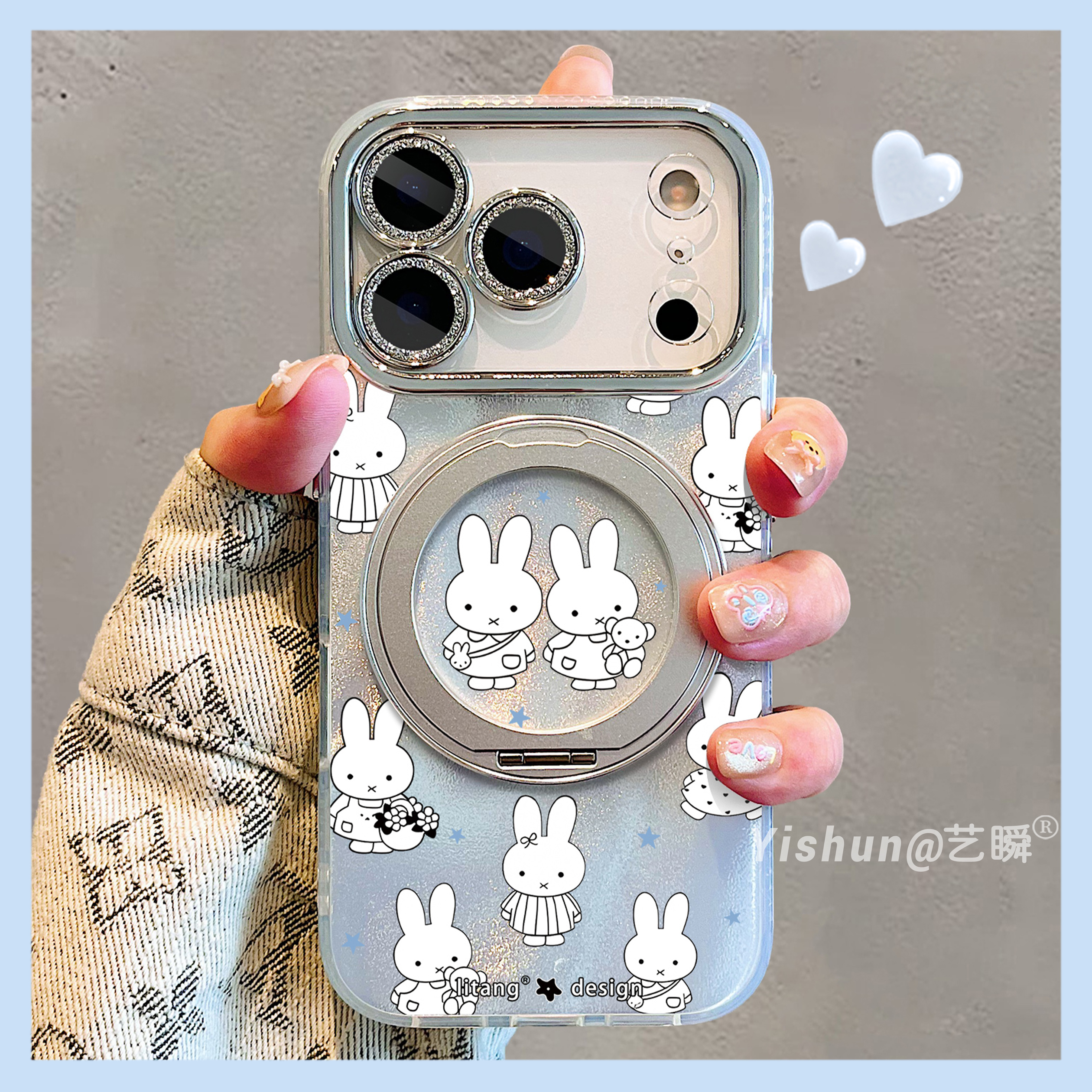 满屏可爱星星抱熊米菲兔适用苹果17/17promax手机壳360旋转支架16pro支点壳iPhone14全包15pro新款13女保护套