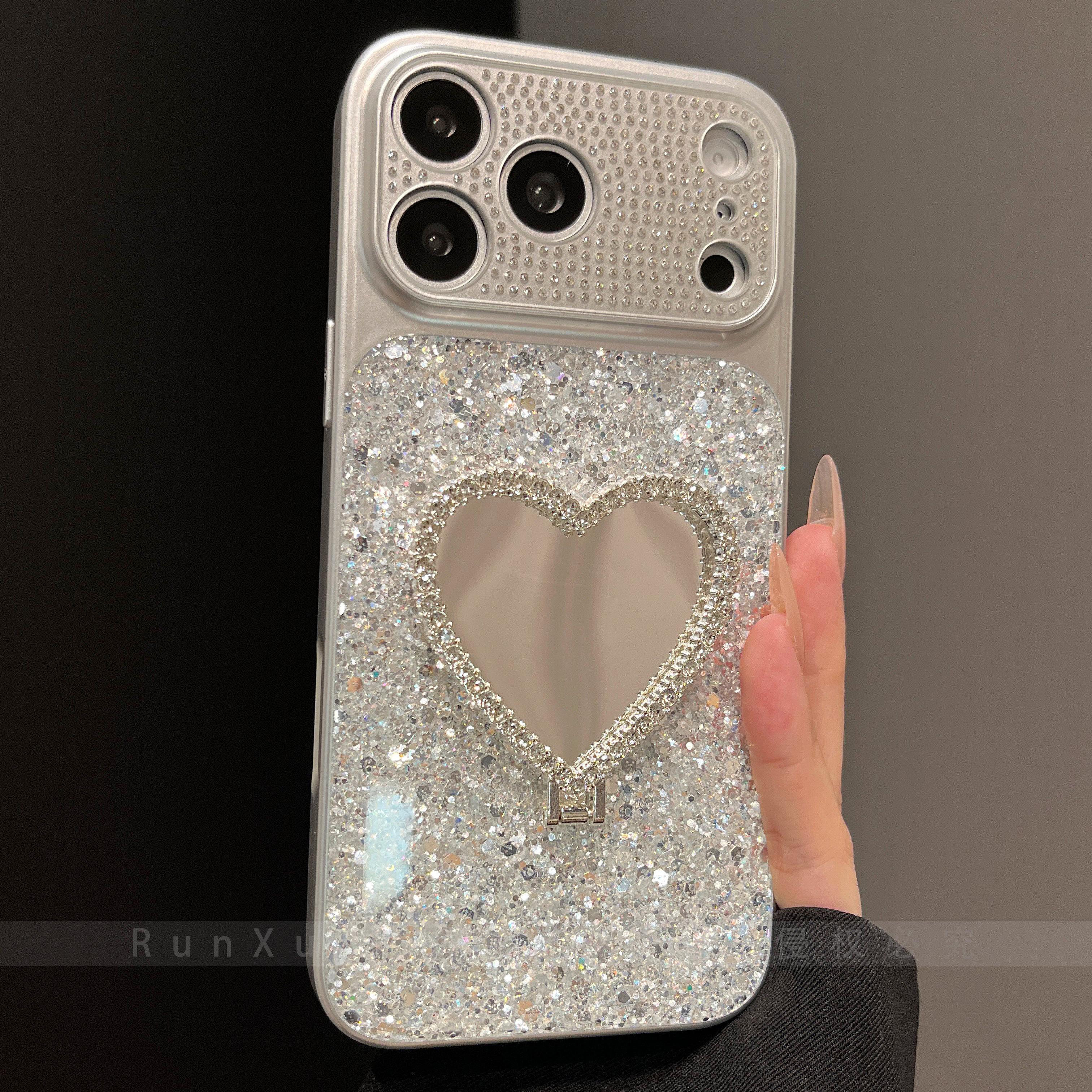 ins爆闪亮晶晶纯银闪粉亮片适用苹果17ProMax手机壳新款iPhone16pro水钻爱心镜子支架15pm大视窗14/13保护套