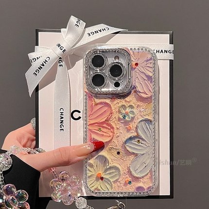 带AI拍照按键适用苹果16ProMax手机壳新款iPhone15pro高级感唯美蓝光油画花朵14max满钻13pro女款16pm保护套