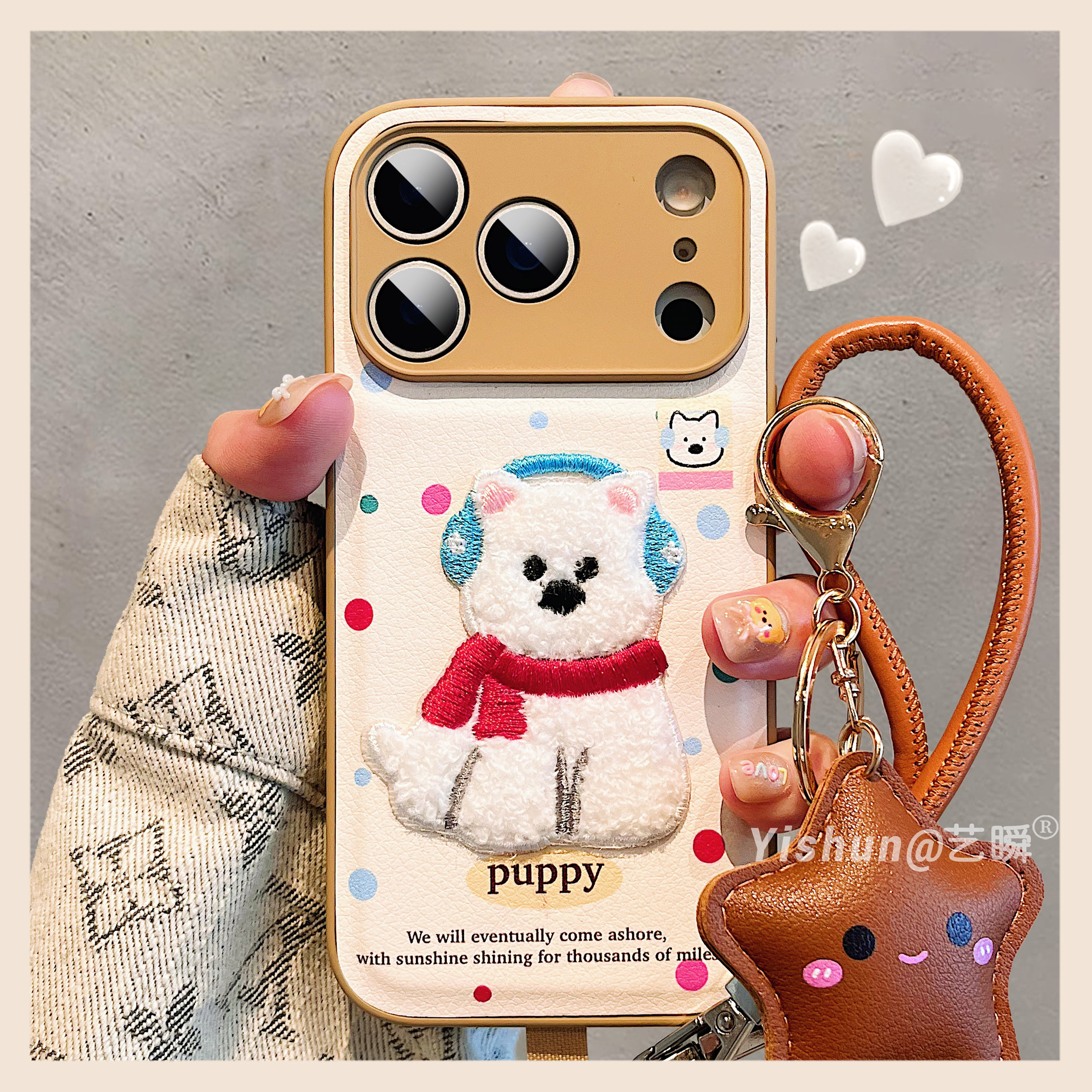 秋冬新款ins风韩系卡通可爱毛绒西高地适用iPhone17ProMax手机壳苹果16pro皮质鼓包14全包镜头15趣味13保护套