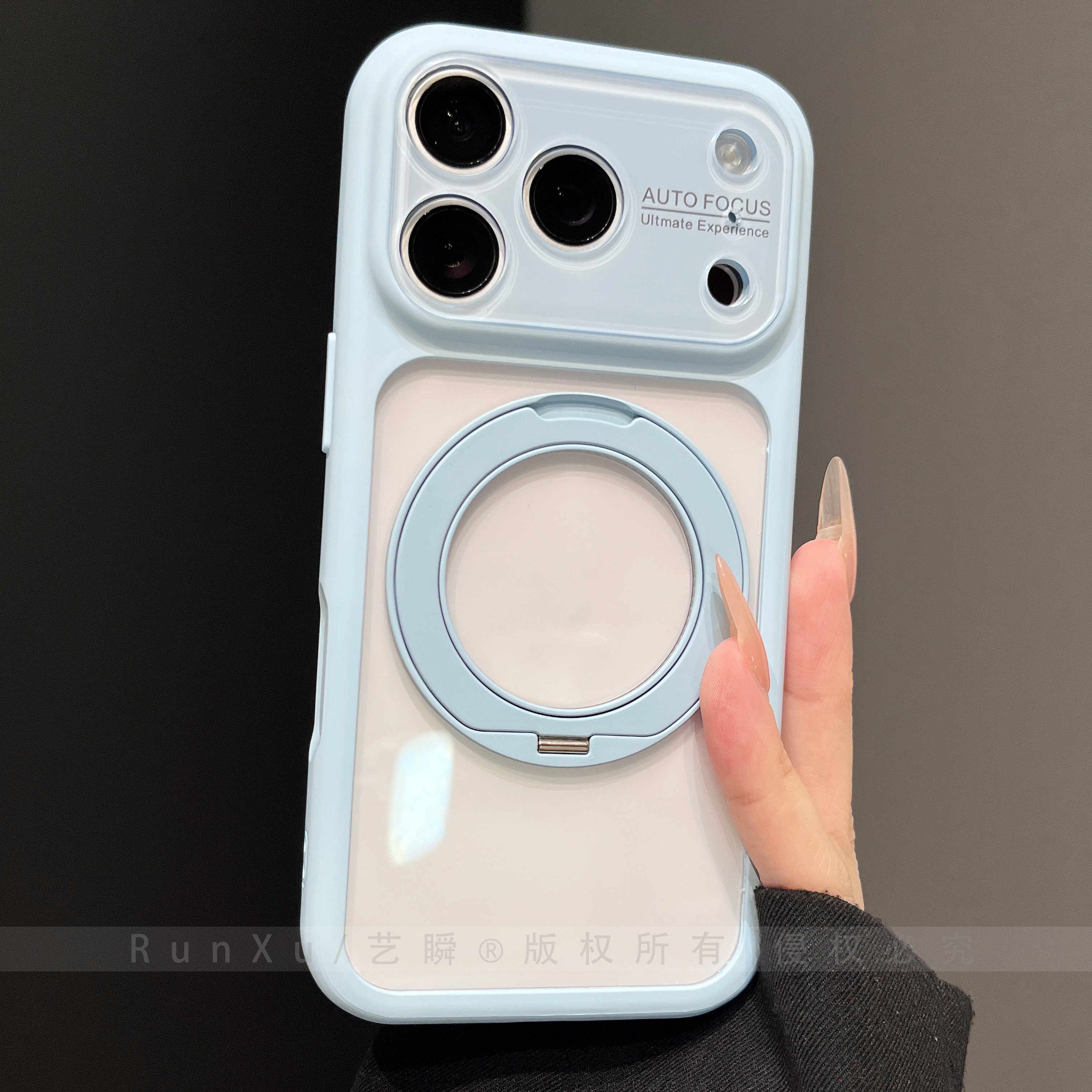 ins天蓝色全包软边框支点壳适用苹果17ProMax手机壳新款iPhone16旋转360支架pro高清透明15pm防摔好看保护套