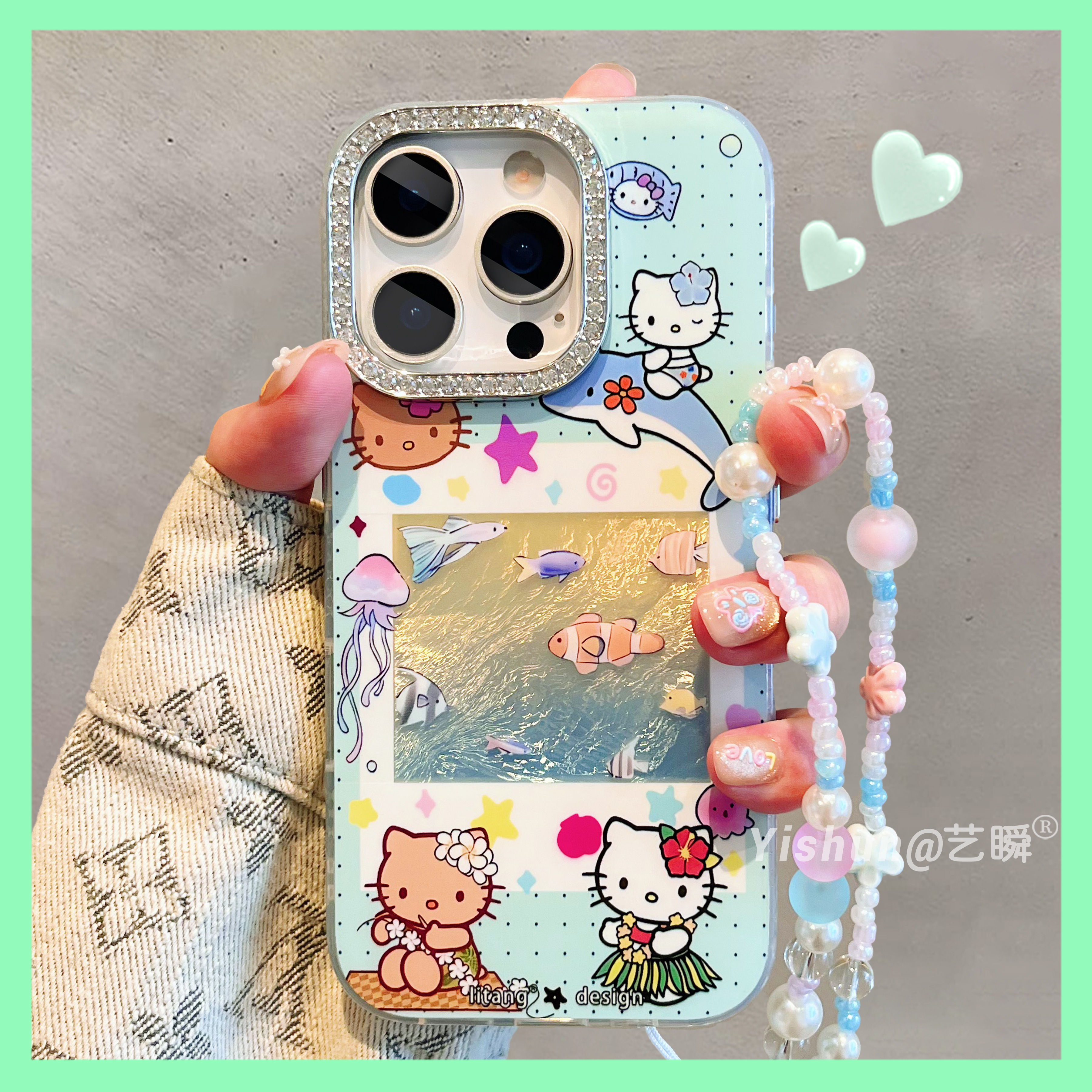 海底世界可爱海豚kt猫适用17/16ProMax苹果手机壳新款iPhone15pro双层17pm满钻镜框13plus创意ip14Pro保护套