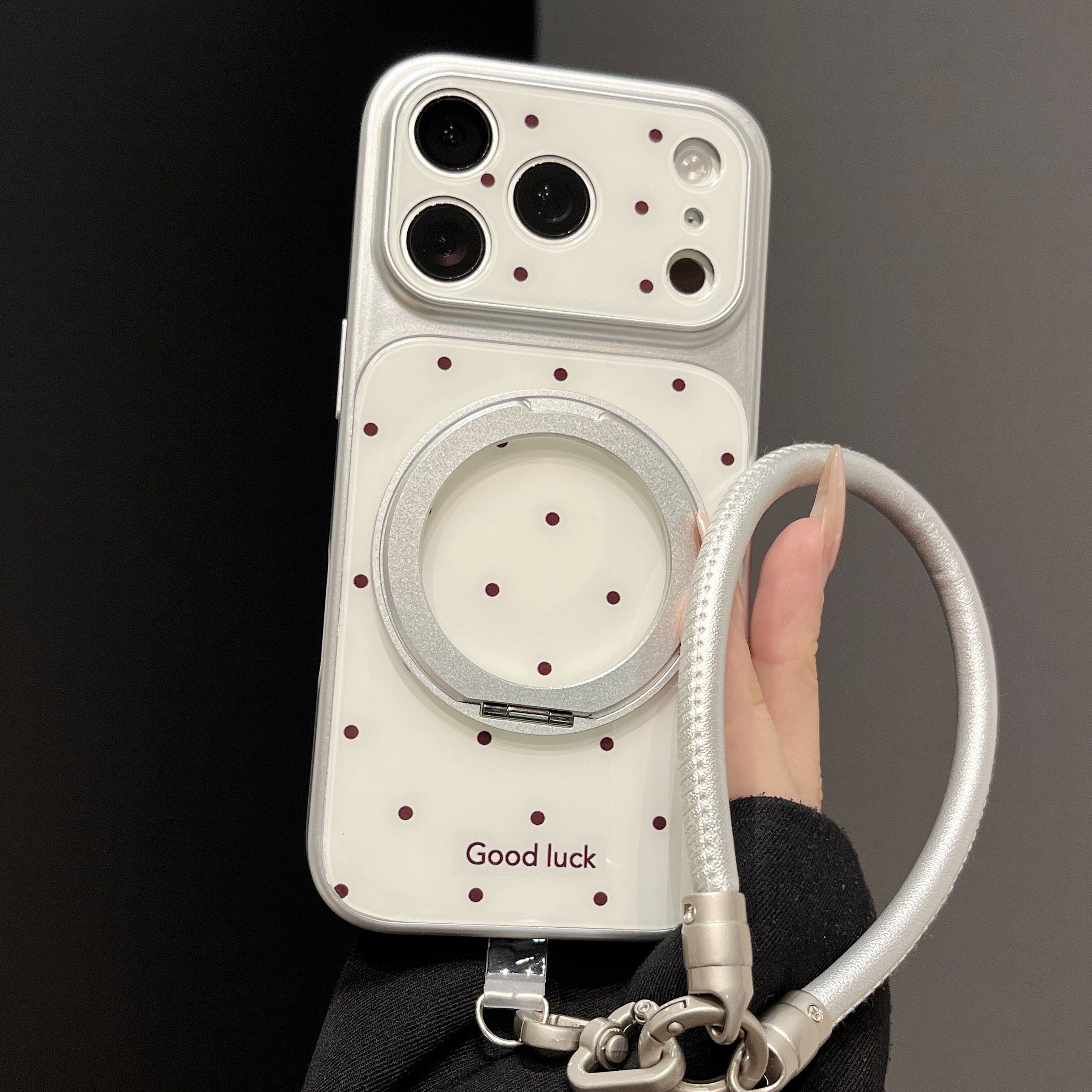 ins气质简约时尚波点撞色旋转支架适用苹果17ProMax手机壳18pro新款iPhone16pm硅胶软15带挂绳14全包13保护套图片