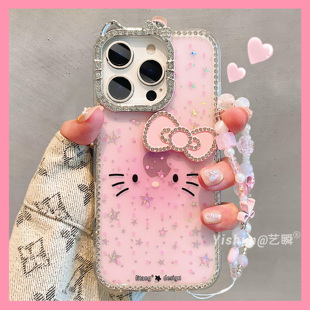 17pm少女心15保護套 透粉亮片Kitty小表情適用蘋果16ProMax手機殼iPhone15Pro高級感14plus滿鉆貓咪鏡框13女款