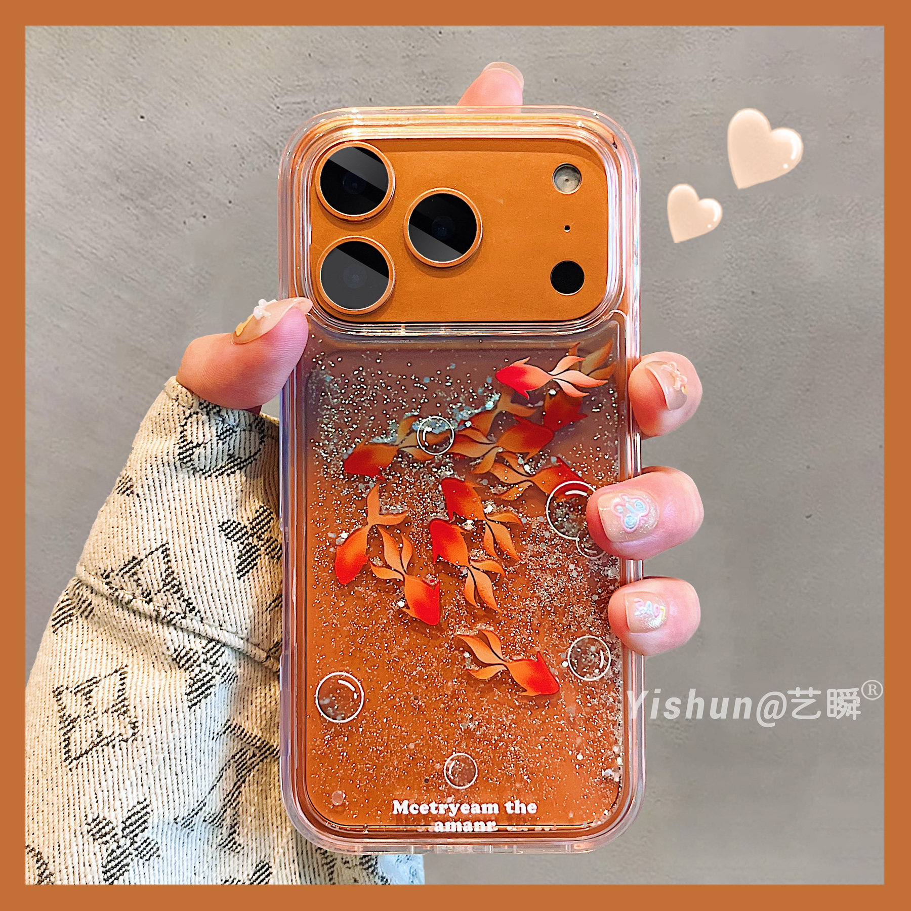 创意黑灰渐变泡泡金鱼滑块闪粉流沙适用苹果17ProMax个性手机