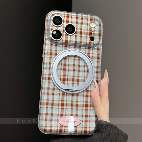 ins个性复古蓝棕格纹适用苹果17ProMax手机壳新款iPhone16pro旋转支架支点壳ip15亮面透色17女款pm全包保护套