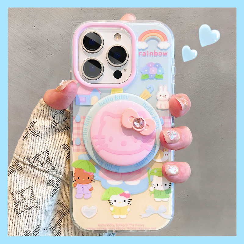 可爱粉色雨衣Kitty猫磁吸支架适用苹果16ProMax手机壳新款iPhone15Pro双层13少女心女款14plus治愈系16保护套