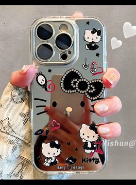 甜酷黑色点钻蝴蝶结kt猫适用苹果16ProMax手机壳新款iPhone17pro少女可爱14plus补妆镜面13防摔女款15p保护套