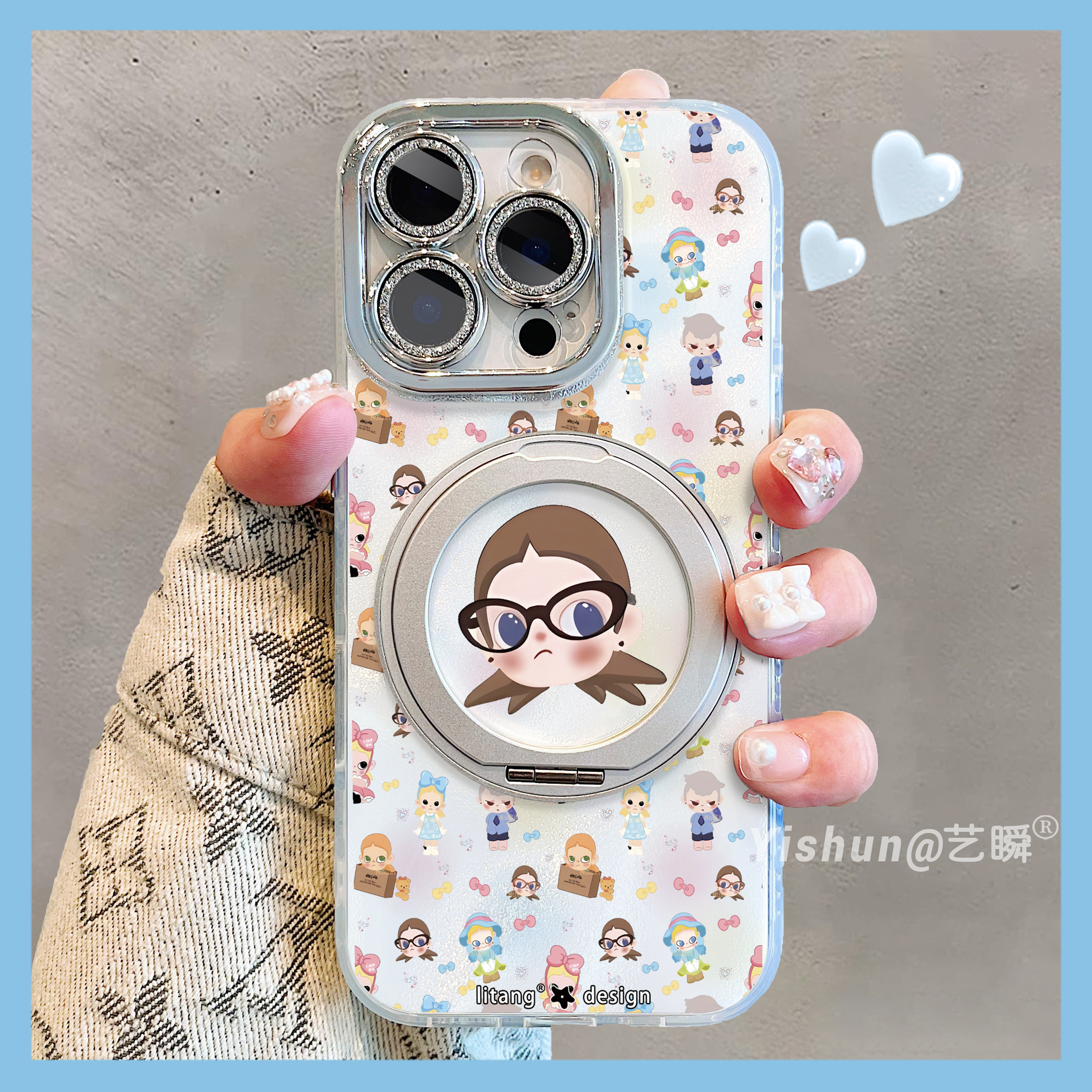 满屏可爱zsiga女孩适用于苹果16promax手机壳360旋转支架壳17pro女款iPhone14闪粉镜头全包15pm防摔13p保护套