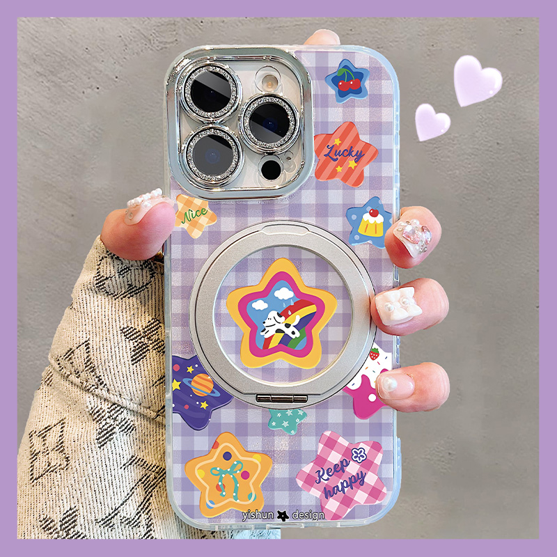 紫色多巴胺星星适用苹果17/16promax手机壳360度旋转支架15pro磁吸支点壳iPhone14plus镜头全包13女款ip16套