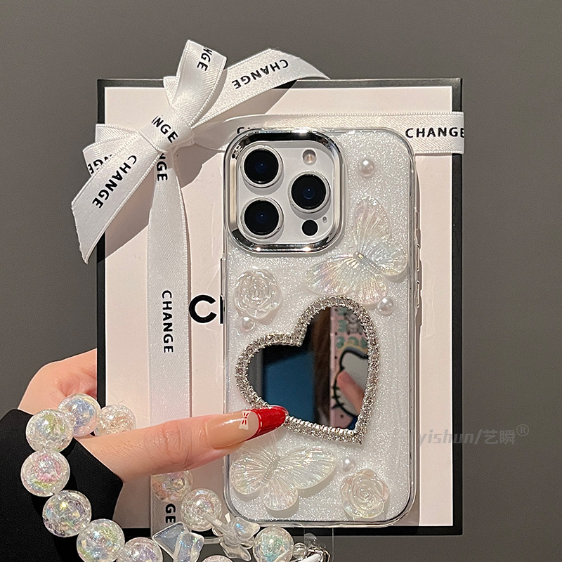适用苹果16ProMax手机壳轻奢新款iPhone 15pro白玫瑰蝴蝶闪钻爱心镜子14max小众ins滴胶13时髦女款12pm保护套