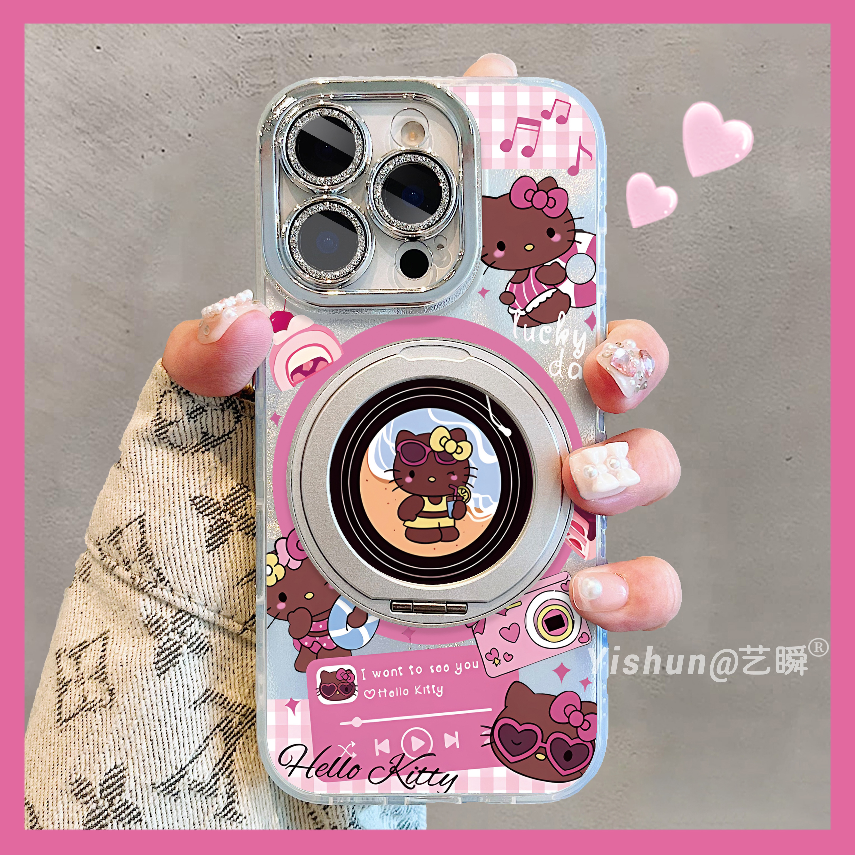 海滨音乐派对kt猫适用苹果16promax手机壳360旋转支架iPhone15pro磁吸支点壳14全包镜头13pm创意17卡通保护套