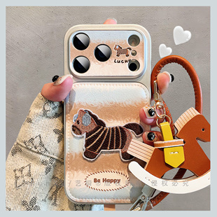 韩系ins风创意蓝棕皮质刺绣小马适用iPhone17ProMax手机壳苹果16pro新年款秋冬13巨好看15马年小众14女保护套