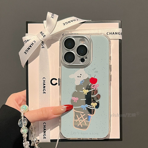 原创可爱小狗蝴蝶结冰淇淋适用苹果16ProMax手机壳镜面新款iPhone17pro治愈系14plus带挂绳13pro女款12保护套