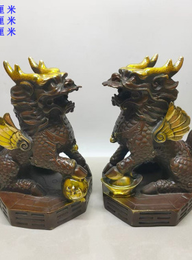 古董文玩纯铜鎏金紫铜八卦麒麟一对摆件招财复古老物件