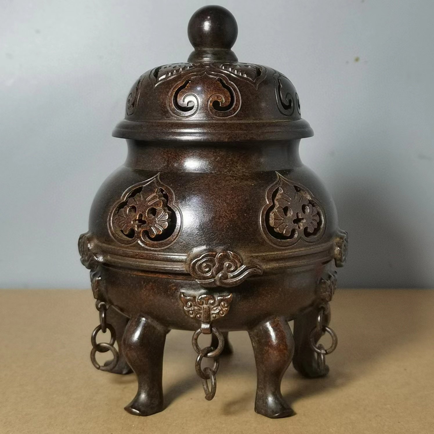 古董文玩纯铜紫铜陈巧生帝王炉家用复古五足三层铜熏香炉摆件真品