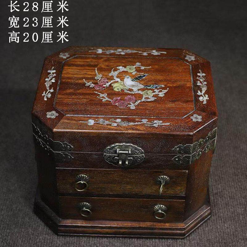 古董文玩花梨木镶嵌贝壳花鸟八角首饰盒多宝盒多层带抽屉实木盒