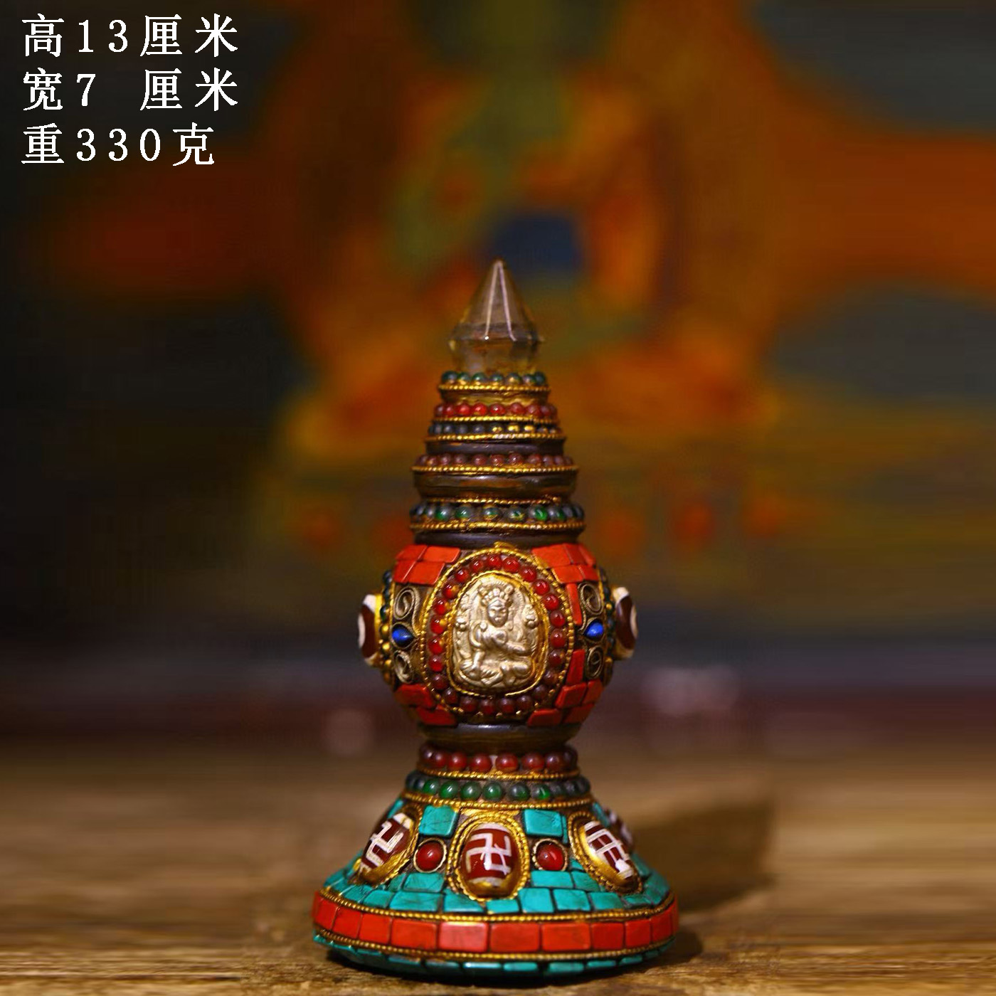 古董文玩藏区回流水晶雕刻镶嵌天珠宝石佛塔彩绘描金复古老物件