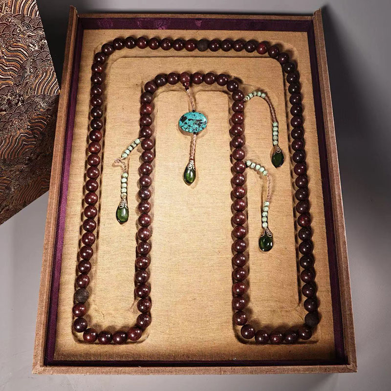 古玩乡下收清代宫廷金星小叶紫檀木朝珠配布盒108颗项链木串佛珠