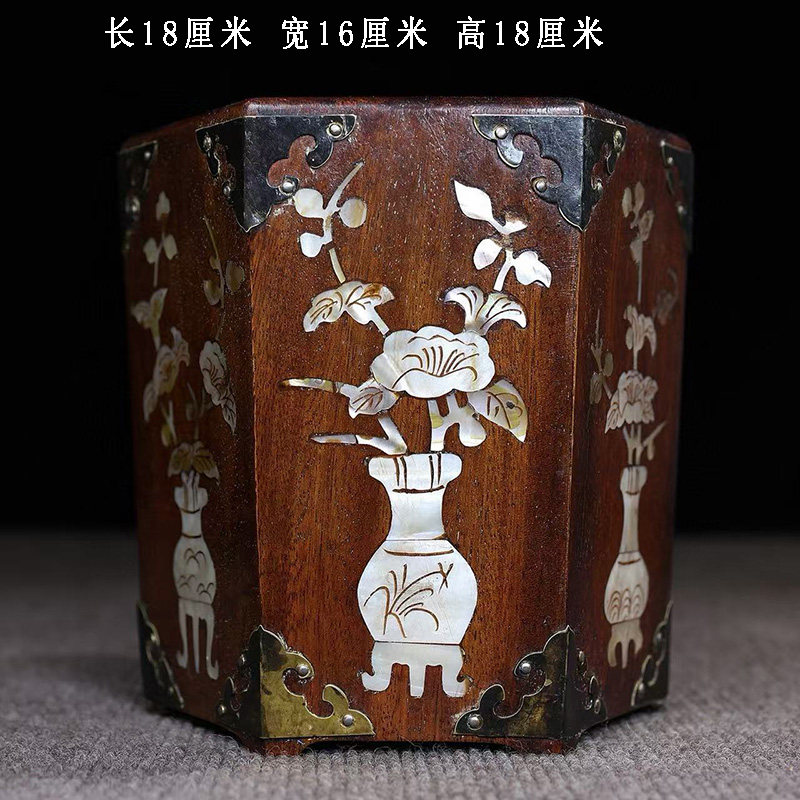 古董文玩花梨木镶嵌贝壳六角笔筒文房收纳桶毛笔字画筒大号摆件