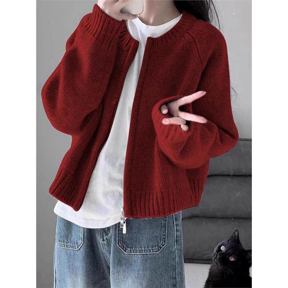 早秋穿搭套装2025针织开衫安可拉红毛衣外套小个子入秋穿搭一整套