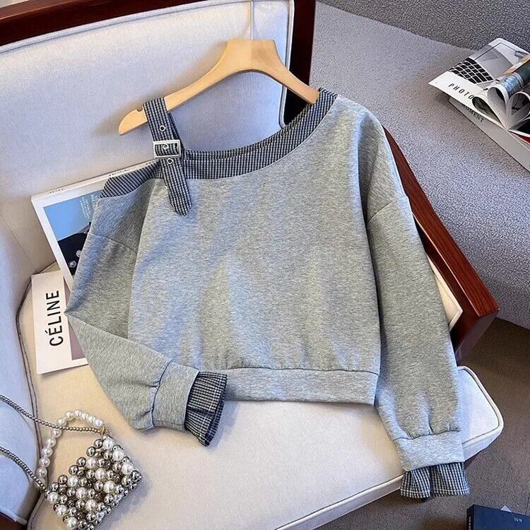 设计感斜领露肩卫衣长袖T恤女早秋2025新款小个子短款假两件上衣