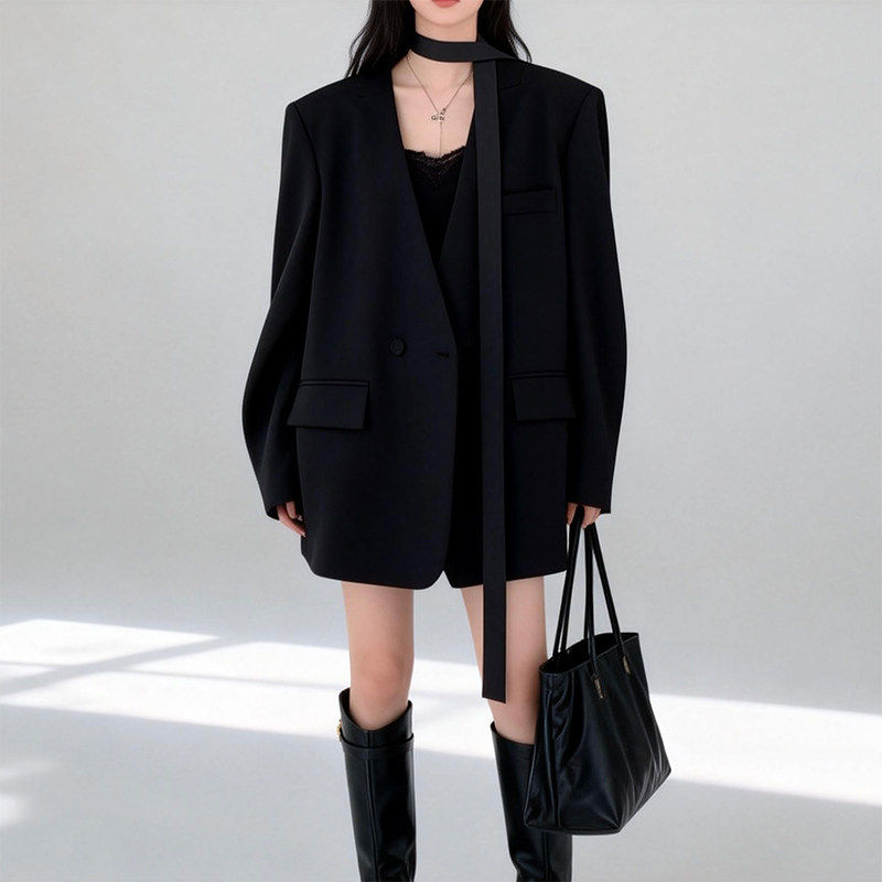 无领飘带西装外套女2026春秋新款休闲宽松显瘦气质西服上衣