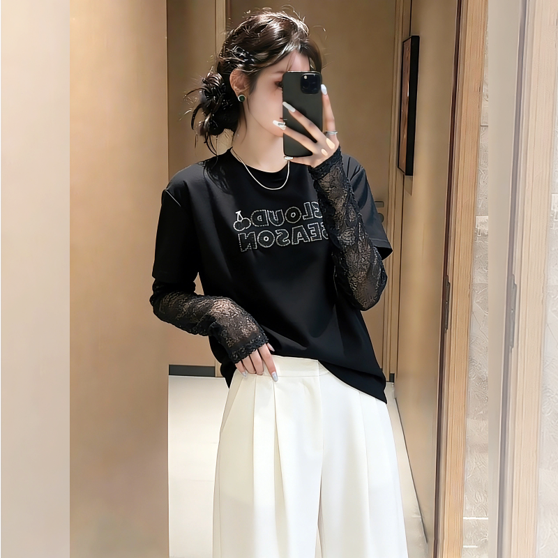 独特超好看黑色长袖t恤女2026新款爆款春季设计感蕾丝假两件上衣