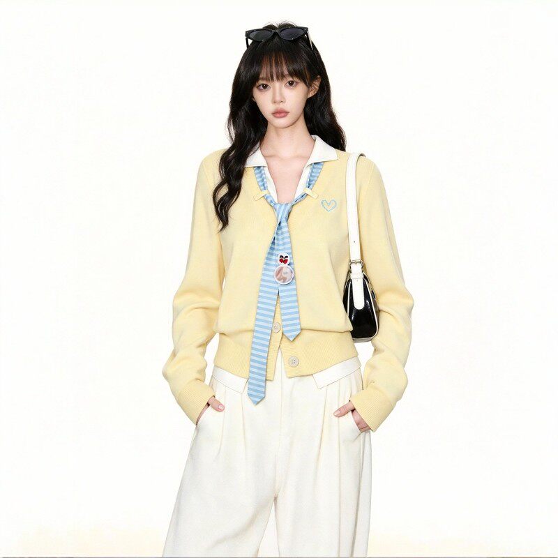 黄色假两件针织开衫女2026春秋新款学院风高级感毛衣外套短款上衣